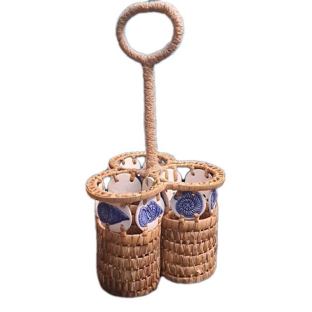 Wicker 3-Bottle Wine Oil Caddy Nautical Seagrass Shell Jute Handle Handmade VTG